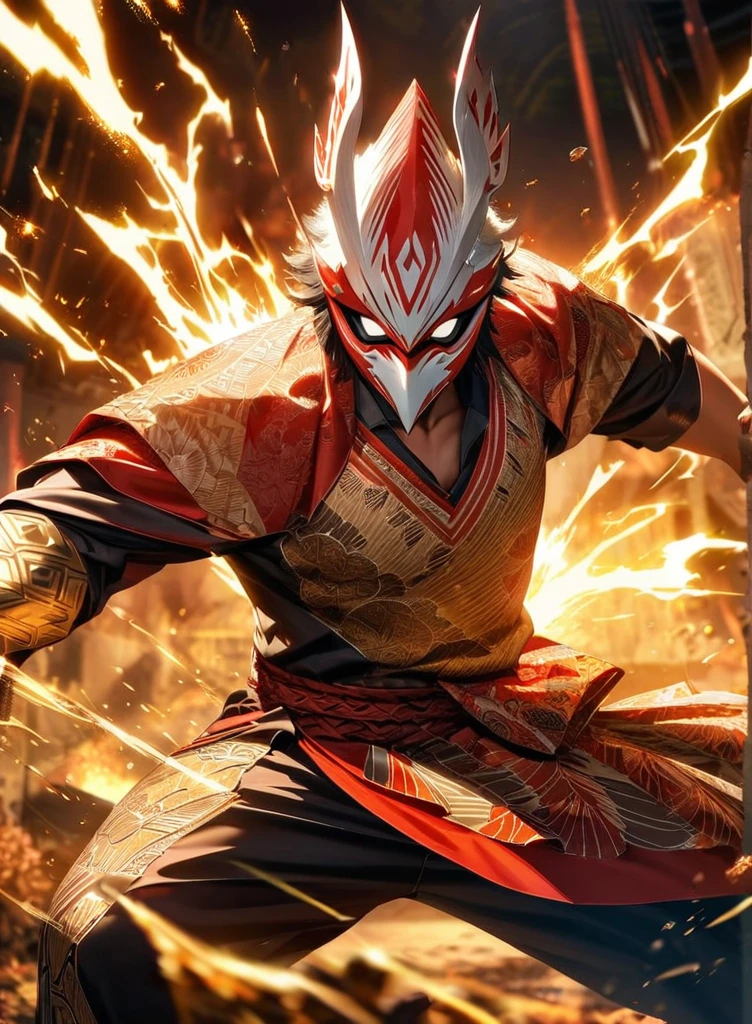 ,absurdres, highres, ultra detailed, HDR, masterpiece, extremely detailed face and eyes,Indonesian Super Hero costume,,red and white Garuda costume, Garuda eagle mask, , Indonesia batik pattern , solo, man, handsome, ,, , Epic fight scene, golden splashing effect, golden lightning effect,glowing glitters, explosive effect