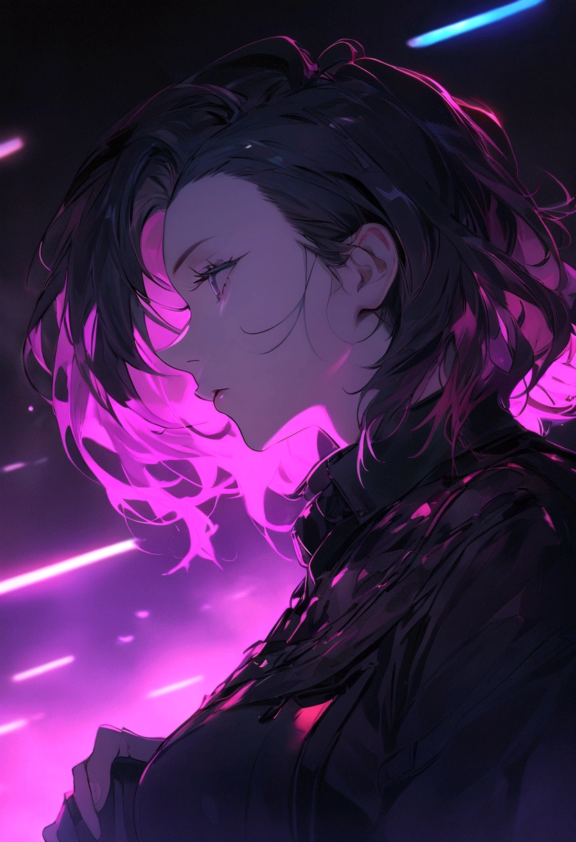 Homme chauve de 40 ans assis, ordinateurs autour, (A huge owl bird on his shoulder), chouette rouge, style cyberpunk, angle de l'image d'en haut, Dramatic light, neon blue light with rose, couleurs vives, High quality, HD, 16k, UHD, severe low lighting, High quality, Sharpness, Fujifilm XT3, Belle composition, super detailed, Best quality.
