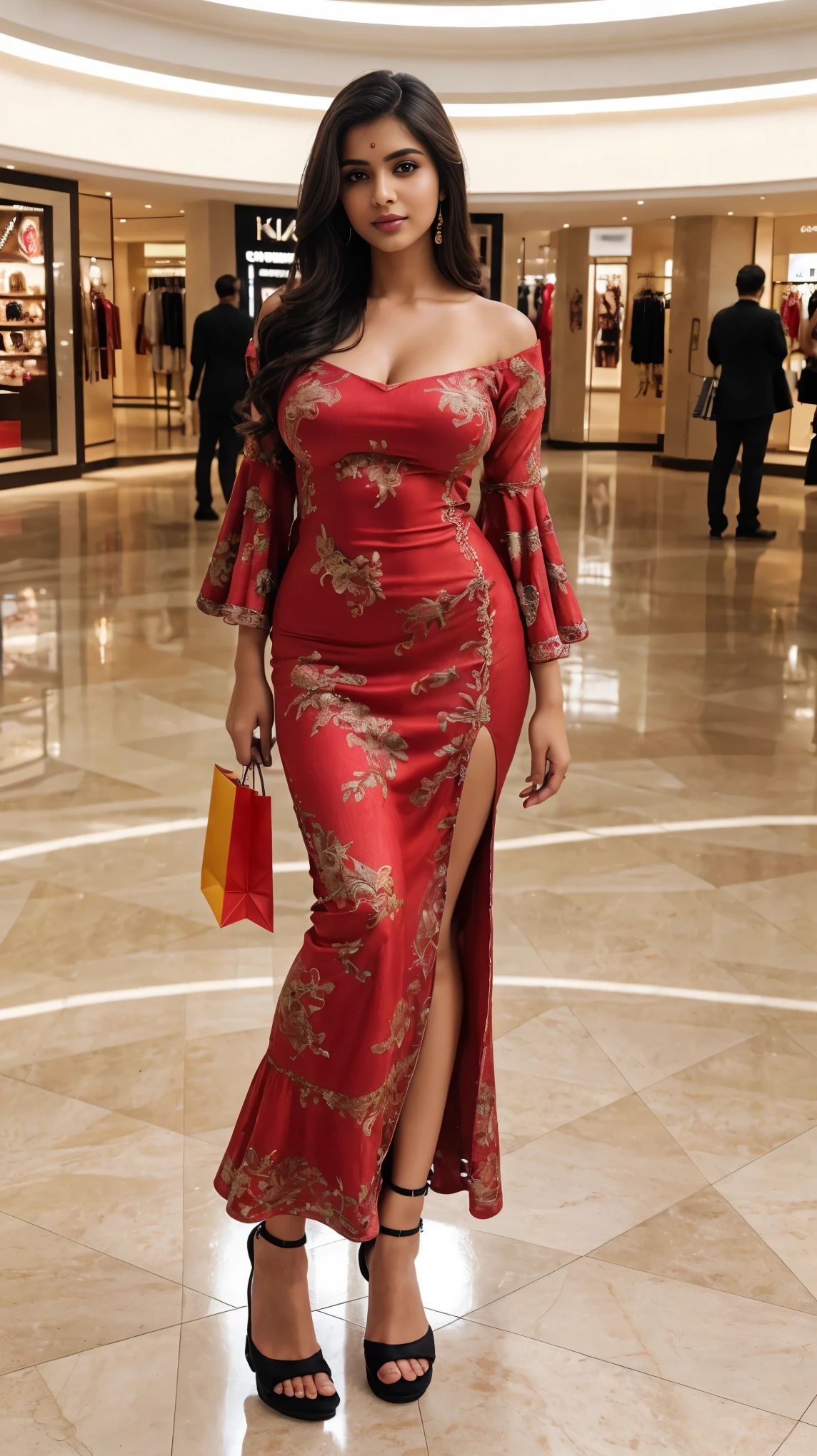 (girl in luxurious mall, shopping mall, luxurious mall, luxurious place),
(((Full body shot:1.5))), (Indian babe), (spread foots 
standing position, wide standing position:0.8), (looking at viewers, front view shots), (masterpiece, hyper realistic, hyper detailed, photorealists:0.8), 1girl, 20 years old lady, 16k, FHD, UHD, high quality pictures, extremely detailed, candid brightness, candid shots, extreme detailed, colorful, highest detailed, (iconic picture shot, perfect brightness, perfect contrast, perfect colour), (pretty face, iconic face), (detailed face, detailed eye, detailed lips, detailed neck, ultra realistic face, ultra realistic eye, ultra realistic lips), (attractive hair style, detailed hair style), (sagging perky breasts, perfect rounded breasts, attractive breasts), (attractive body figure, perfect body figure, perfect figure, curvy_figure attractive), (beautiful High heels, fancy high heels:0.8), 
(beautiful girl in Indian outfits), 
(beautiful and aesthetic:1.2), 
((Fancy bodycon maxi, dense flared maxi, down dense ruffled maxi, iconic fabric maxi, beautiful flared, colourfull flared, fancy flared, fancy sleeves))