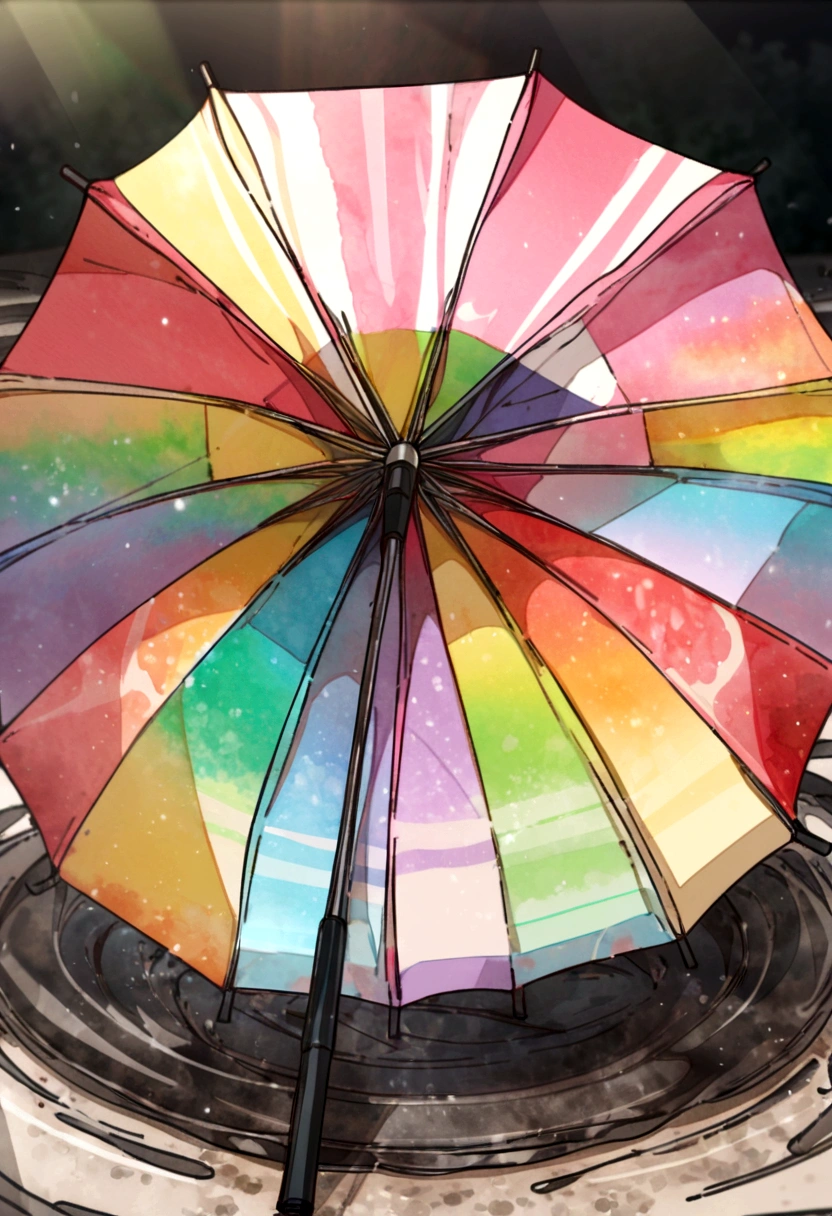 An umbrella lying on a white background, in puddle, rainbow watercolor style umbrella, masterpiece, erere