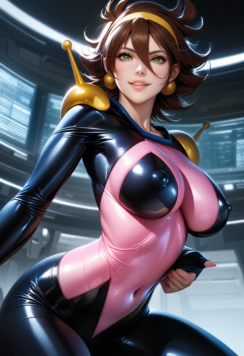 Rain Mikamura,yellow headband,perfect hands, perfect finger,perfect anatomy, masterpiece, best quality,realistic, hyperrealistic, 16k hdr,1girl, large breasts,erected nipples,brown hair, medium hair,green eyes,mobile trace suit, shoulder armor,pink and black bodysuit,sexy pose, upper body, cockpit,from below,smile