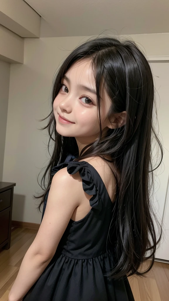Melhor qualidade, , black hair, long hair, baby face, pequena, linda, sorrindo, em casa, corpo todo, nova, peito pequeno, mostrando o peito, Messy hair, mostrando o corpo, luz real, realista, bem detalhado, good lighting environment, abajour, dress with bow, vestido curto,