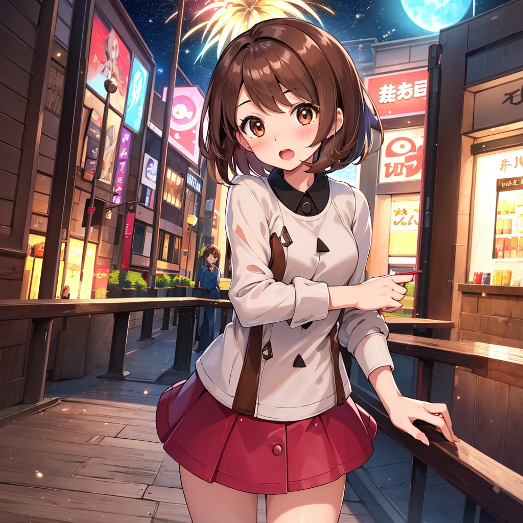 masterpiece, highest quality, High resolution, Gloria1, 1 Girl, Gloria\(Pokémon\), Brown Hair, , Brown Eyes, , Short Hair, , Bobcut, bangs, , 　１Describe a girl carefully　１Girl　Expression in love　blush　Open Mouth　blush　In town　Jacket　shirt　mini skirt　Night Moon　firework　Festivals