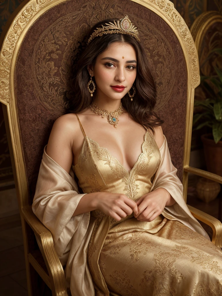 (best quality,4k,8k,highres,masterpiece:1.2),ultra-detailed,(realistic,photorealistic,photo-realistic:1.37), Half body shot:A stunning portrait of Roxelana, the powerful and influential wife of the Ottoman Sultan Suleiman the Magnificent. Roxelana's expressive, mesmerizing eyes captivate the viewers, with intricate details that bring them to life. Her graceful posture exudes confidence and strength. She is adorned with elaborate jewelry - a crown embellished with precious gemstones, and delicate earrings that sparkle in the light. Her lips are delicately painted, adding a touch of allure. The soft glow of natural light caresses her flawless complexion, beautifully highlighting every contour and feature of her face. The background is a rich tapestry, with vibrant hues and intricate patterns that symbolize her royal status. The painting embodies the timeless beauty and power of this historical figure, capturing her essence with utmost precision and artistry. [oil painting], [real gold leaf], [gemstone embellishments], [intricate lace details], [rich velvet fabrics], [exquisite silk brocade], [elegant floral motifs], [regal Byzantine throne], [ornate palace setting], [lush garden backdrop], [golden chandelier], [ethereal atmosphere], [subtle shadows], [masterful brushstrokes], [vivid colors], [baroque style], [dramatic lighting], [mysterious ambiance]. deep cleavage, sexy deep cleavage, medium size beautiful breast, big breast,

 ....Tall, Athletic, Triangular Face, Fair Skin, long brown Hair, hazel Eyes, [[Curved Nose]], Thick Lips, Round Chin, Instagram model, cheerful smile, medium breasts, coral stain lipstick,
Masterpiece, hi res, 8k, award winning, RAW photo, high quality, 35mm photograph, film grain, bokeh, professional, 4k, highly detailed, 