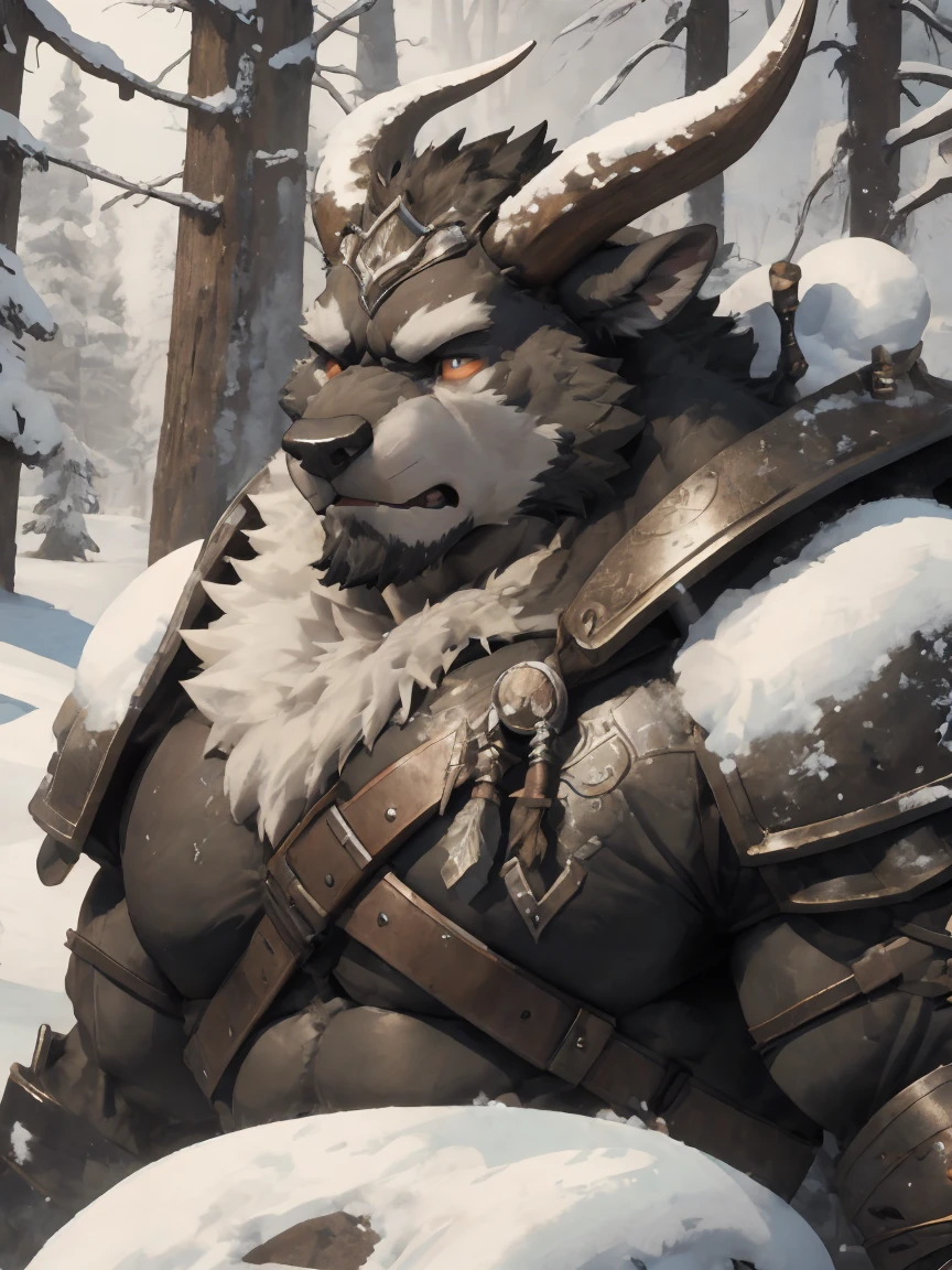 Minotaur, solo, muscular, perfect_eyes, perfect_face, abs, big_chest,wide_body, muscular_arms, winter, snowforest_background, solo, minotaur, angry, half_body, close_up, manly, man, muscular, brown_horns, big_eyes, orange_eyes, glowing_eyes, bara_body,hyper_muscles, hyper_chest, hyper_muscular_body, huge,forest, snow,snowy_forest, armor_pants, half_body,closeup, medieval_armor ,iron armor,armor,canines, moth_closed, angry,serious, HD, 4k, high_detailed_background
