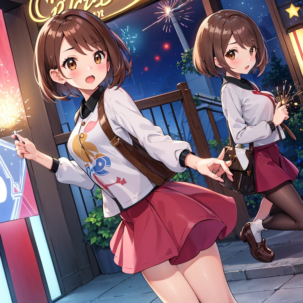 masterpiece, Highest quality, High resolution, Gua1, 1 , Gua\(Pokemon\), Brown Hair, , Brown eyes, , short hair, , Bobcut, bangs, , 　１.　１　Expressions of affection　blush　Open your mouth　blush　city　Jacket　shirt　mini skirt　Night Moon　firework　From below, surprised.underwear