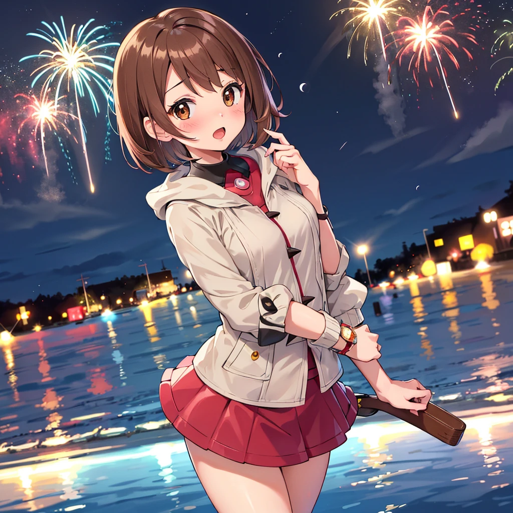 masterpiece, highest quality, High resolution, Gloria1, 1 Girl, Gloria\(Pokémon\), Brown Hair, , Brown Eyes, , Short Hair, , Bobcut, bangs, , 1Describe a girl carefully 1Girl Expression in love blush Open Mouth blush In town Jacket shirt mini skirt Night Moon firework Festivals