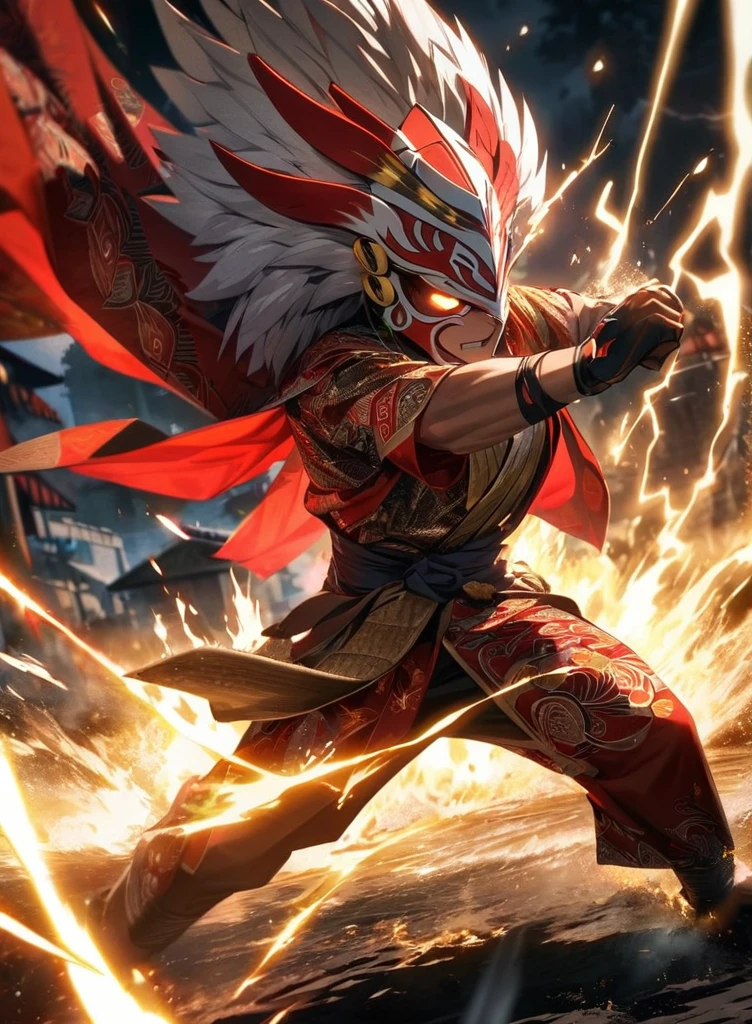 ,absurdres, highres, ultra detailed, HDR, masterpiece, extremely detailed face and eyes,Indonesian Super Hero costume,,red and white Garuda costume, Garuda eagle mask, , Indonesia batik pattern , solo, man, handsome, ,, , Epic fight scene, golden splashing effect, golden effect,glowing glitters, lightning effect