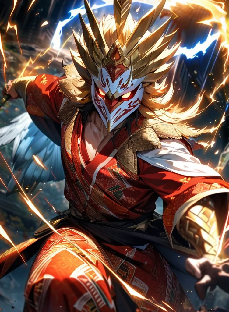 ,absurdres, highres, ultra detailed, HDR, masterpiece, extremely detailed face and eyes,Indonesian Super Hero costume,,red and white Garuda costume, Garuda eagle mask, , Indonesia batik pattern , solo, man, handsome, ,, , Epic fight scene, golden splashing effect, golden effect,glowing glitters, lightning effect