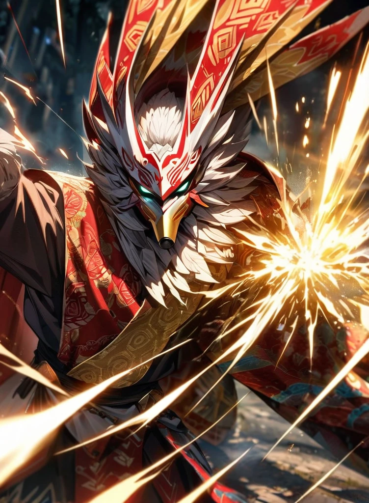 ,absurdres, highres, ultra detailed, HDR, masterpiece, extremely detailed face and eyes,Indonesian Super Hero costume,,red and white Garuda costume, Garuda eagle mask, , Indonesia batik pattern , solo, man, handsome, ,, , Epic fight scene, golden splashing effect, golden effect,glowing glitters, lightning effect