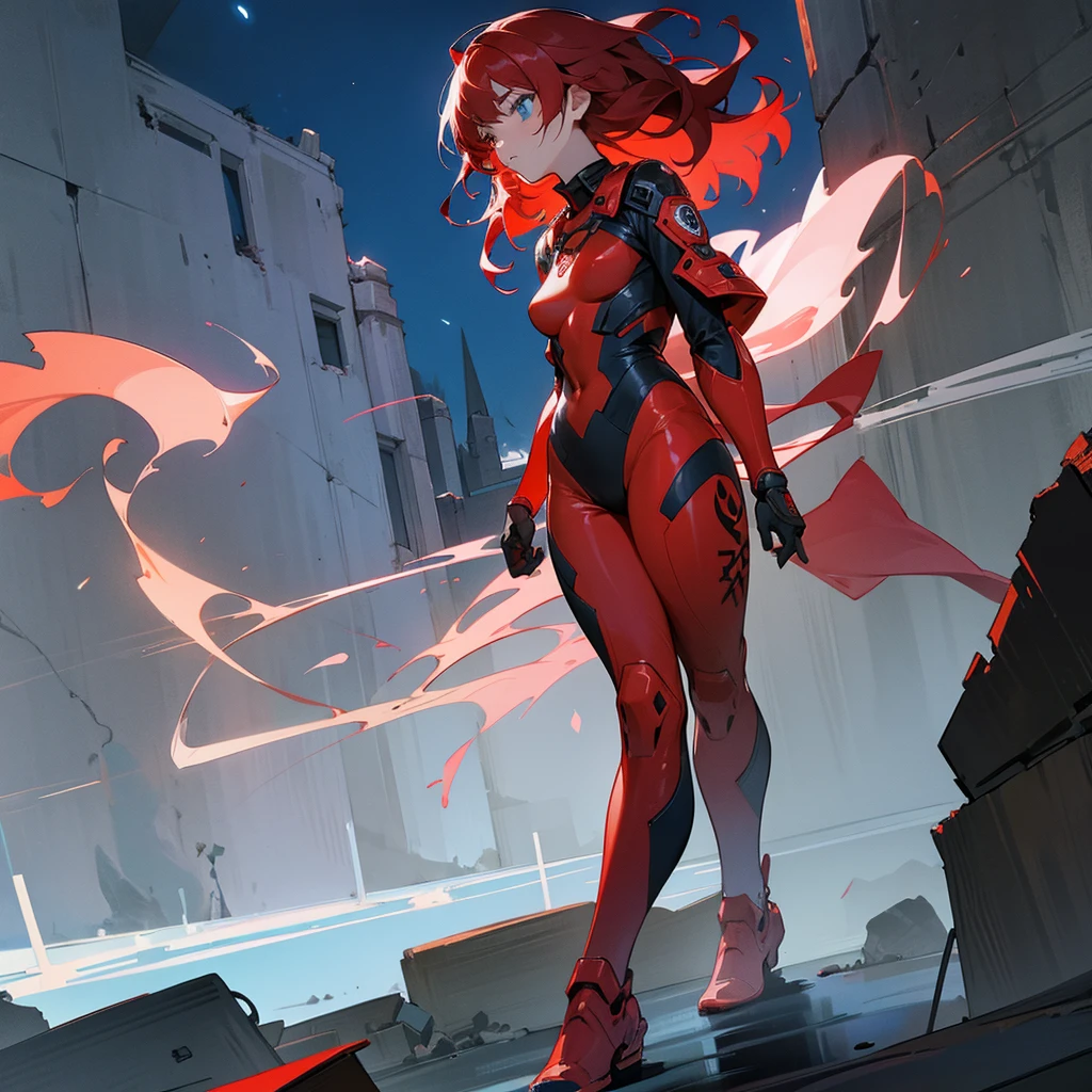 1female, young adult, finely detailed blue eyes, wild medium hair, red hair, full body combat suits, standing on ruined building, night time, serious expression
