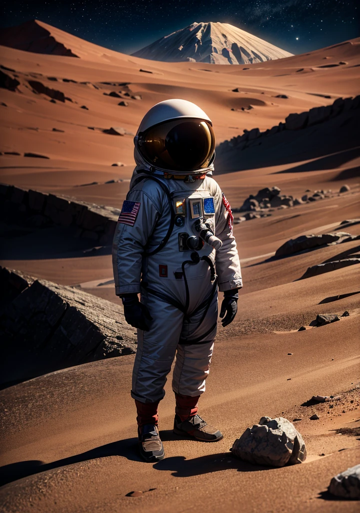 Create a painting of an astronaut on Mars at night, with a backdrop of towering mountains silhouetted against the starry sky. Include intricate details of rocks scattered across the Martian terrain, capturing the serene yet otherworldly beauty of the Red Planet.