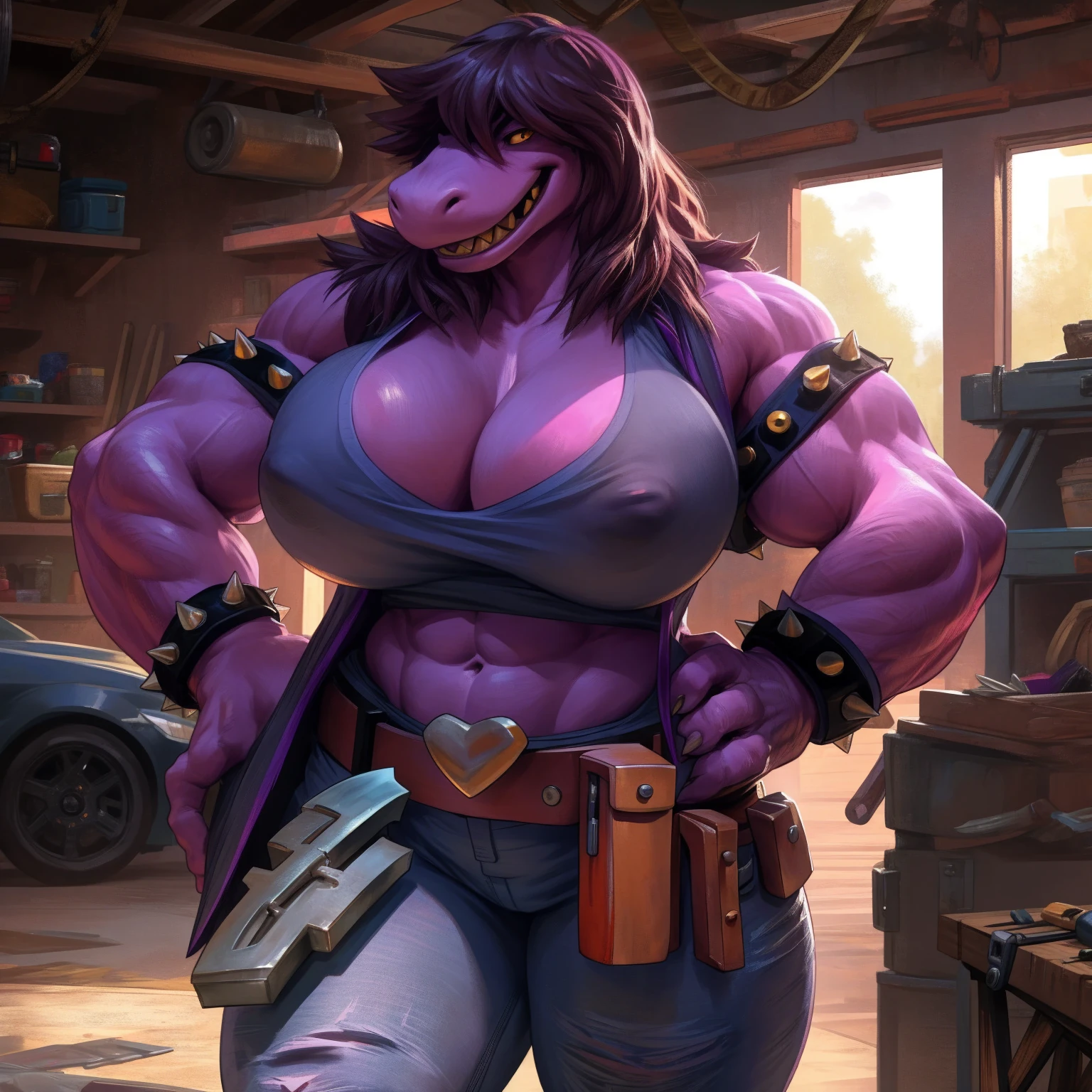 (Solo:1.2), susie deltarune, smooth skin, 1girl, (female:1.5), susie, reptilian, dark hair, messy hair, yellow eyes, muscular, chunky, stocky, thickset, (huge breasts:1.2), cleavage, broad shoulders, wide hips, huge ass, short tail, (nipple outline:0.85), thick legs, bare midriff, abs, muscular thighs, standing upright, casual posture, (laughing), hands on hips, dirty tank top, spiked bracelets, jeans, looking at viewer, yellow teeth, uploaded to e621.net, masterpiece, 8k, realistic textures, realistic lighting, highly detailed, (tool belt:1.5), mechanic, indoors, garage, workshop, cars in background, by darkgem, by BNG,