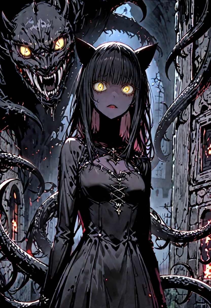 solo, female, slender, ver long arms, huge sharp claws, long claws, yellow eyes, slit pupils, short black hair, pitch black skin, horror, very dark, medieval, cleavage, room, corner, wide open eyes, yandere, extremely tall, black cat ears, black cat tail, simple dress, night, close up, displacer beast girl, tentacles on back