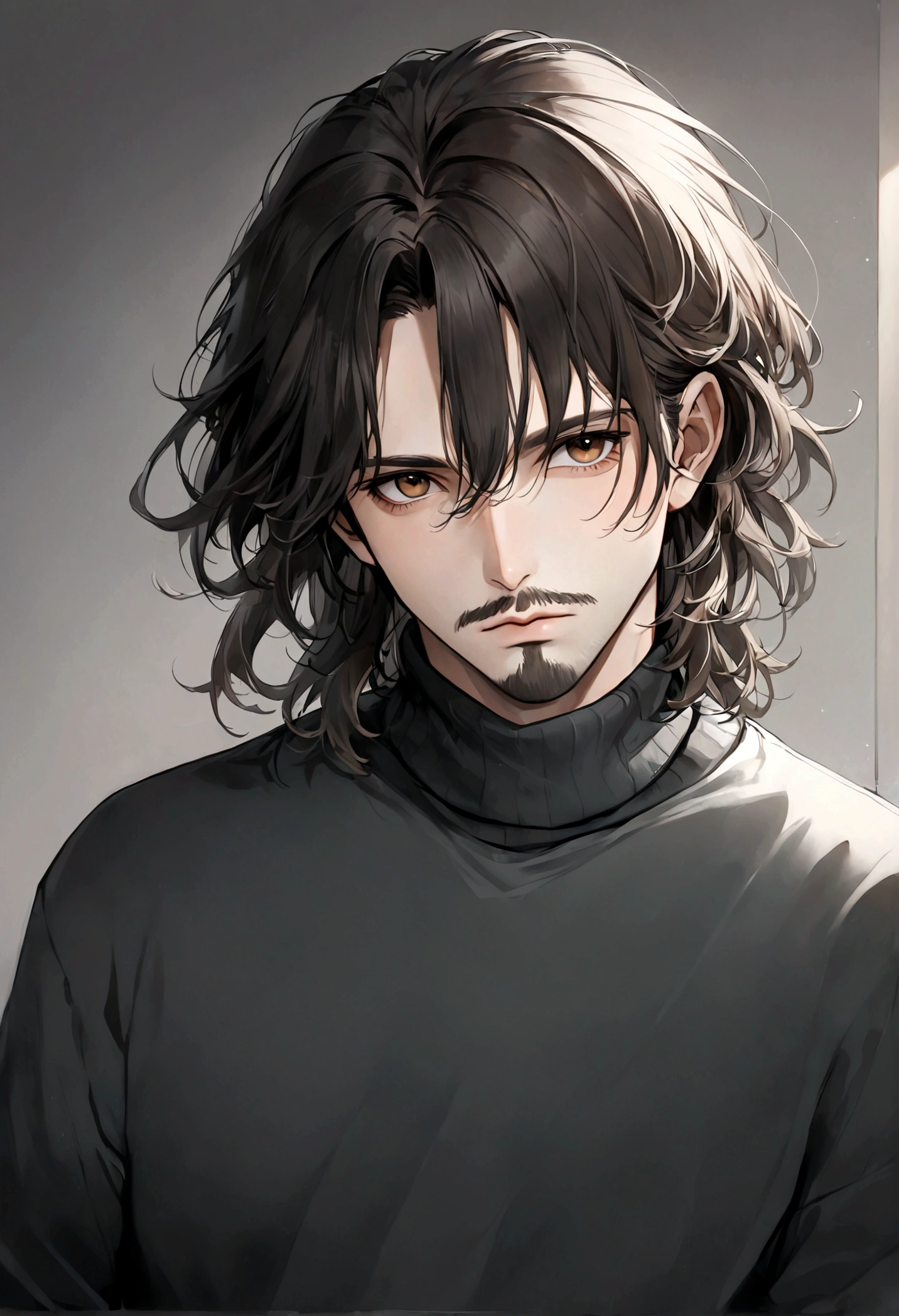 (black turtleneck sweater, A men&#39;s turtleneck sweater), ), ((bigote estilo Van Dyke y (barba de chivo) "Van Dyke", Van Dyke beard)), (light brown eyes), Aspecto atractivo y serio, ((cabello muy largo oscuro, messy hair)), Elegante y con estilo, abrigo elegante color gris largo, Un hombre similar al actor Jim Morrison con el cabello largo, ((cabello muy largo)), (Imagen realista y de alta calidad), Apartamento escandinavo en el fondo simple de un cuarto, ((La mejor calidad, 8K, obra maestra).((pose dinamica con mirada al frente, viendo al espectador)), (cabello largo pasando los hombros)