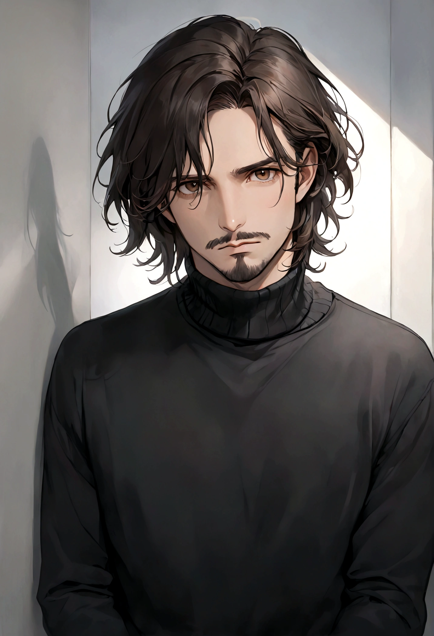 (black turtleneck sweater, A men's turtleneck sweater), ), ((bigote estilo Van Dyke y (barba de chivo) "Van Dyke", Van Dyke beard)), (light brown eyes), Aspecto atractivo y serio, ((cabello muy largo oscuro, messy hair)), Elegante y con estilo, abrigo elegante color gris largo, Un hombre similar al actor Jim Morrison con el cabello largo, ((cabello muy largo)), (Imagen realista y de alta calidad), Apartamento escandinavo en el fondo simple de un cuarto, ((La mejor calidad, 8K, obra maestra).((pose dinamica con mirada al frente, viendo al espectador)), (cabello largo pasando los hombros)
