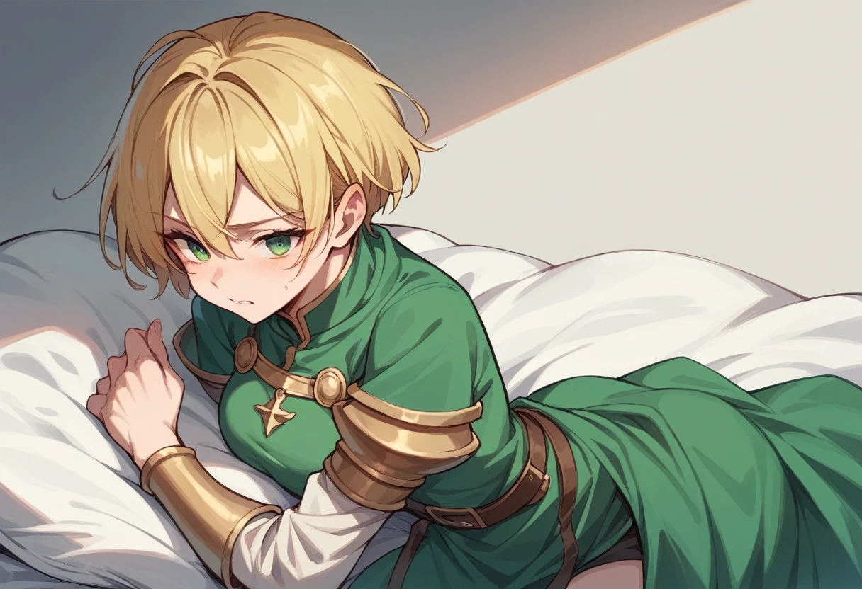 female　knight　Green clothes　Short Hair　Blonde　