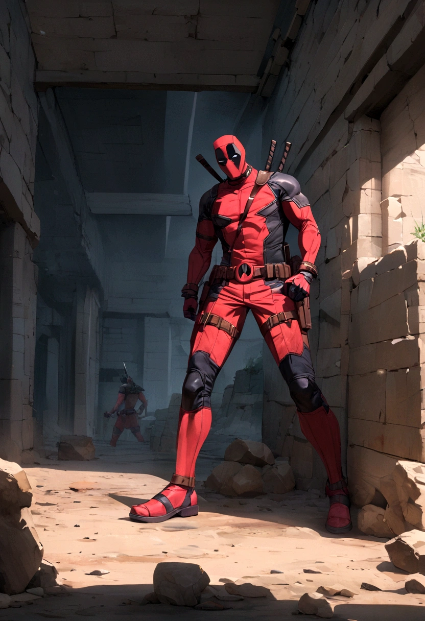 Deadpool stepping on skeletons, HQ style, lineart, highly detailed, sharp focus, 8k --auto --s2