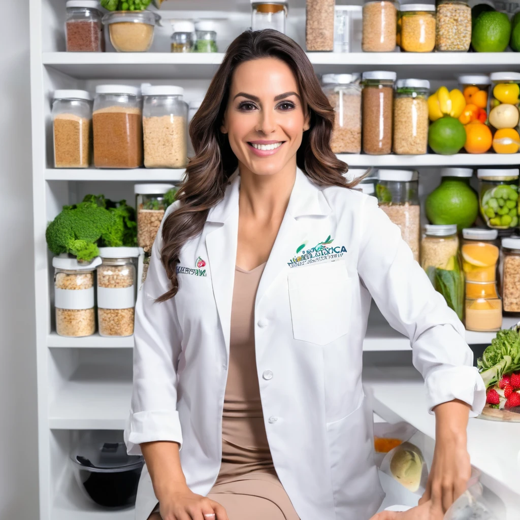 Mulher de 28 anos, nutricionista de jaleco branco, nutritionist's office scene, foto deve parecer nomal, super realista, super detalhado, 4k