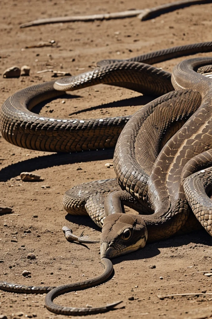 un cuervo despedazando una serpiente