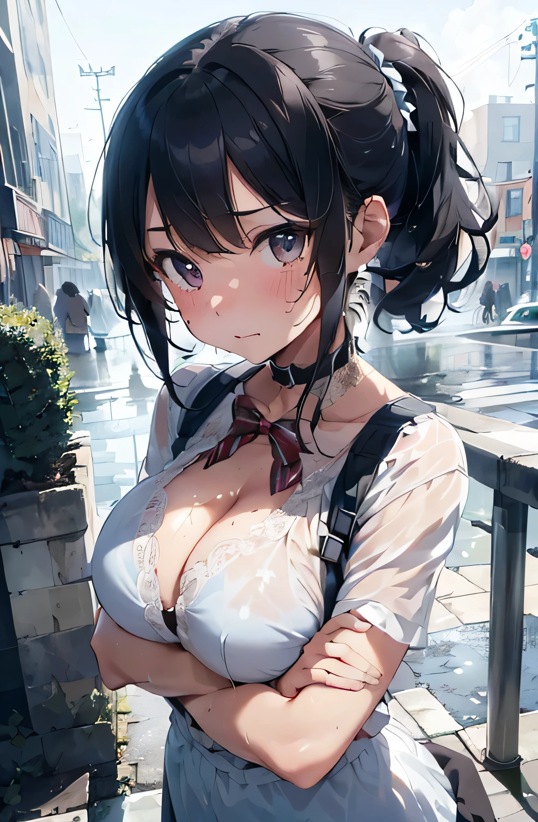 Absurd、High resolution、Ultra-detailed、
、Complex architecture、traffic light、Very heavy rain
、Panoramic cityscape、
(masterpiece、highest quality)、Ray Tracing、Absurd、Hmph、masterpiece, ((View the scenery)), (profile), (~ side), View from the side, Turn to the side, Sharp focus ,Delicate and beautiful hair, eyes and face, real, Hyper Detail, Beautiful girl, Dynamic Hair, Pale skin, (thin),nature(Large :1.3), (Exposed breastsleavage)), ((), (Leaning forward),Beautiful and cute woman, Mature Woman , (((Faci((vaporing body)),Soaking wet,The fog was exhaled,vapor,trembling, (Delicate dark blue hair),ponytail, ~ sideways,(Wearing a white dress), (Half-taken off clothes), Embarrassed expression, is crying, Mouth closed, (((Hide your chest with embarrassment))), (((Put your arms behind your back)))