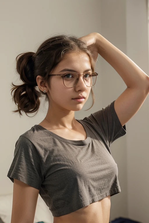 13-year-old girl, hair up, with glasses, flat breasts, With a shirt that covers her breasts but not her nipples