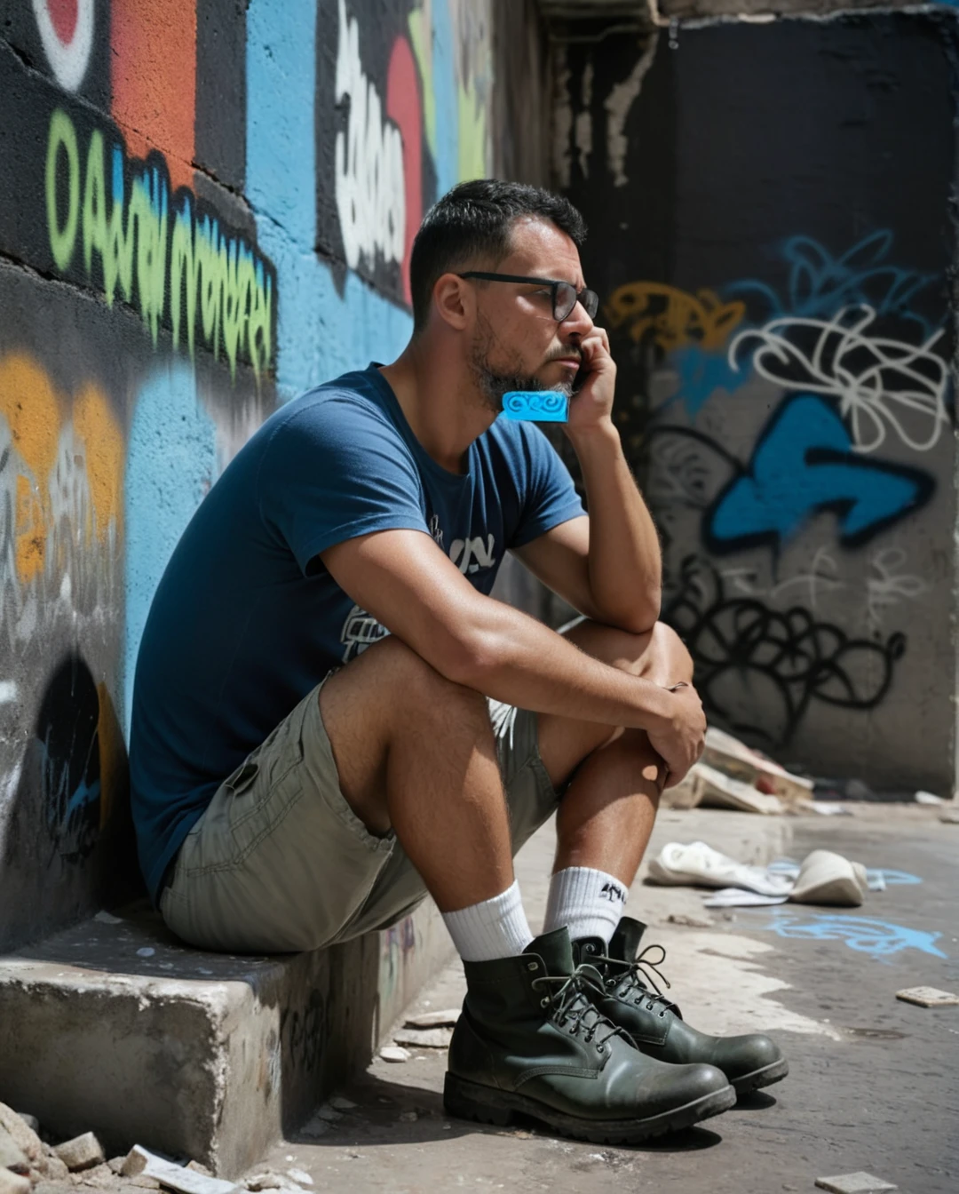 gutto2024abr, A professional RAW photograph of a man with glasses, beard and short military-cut black hair. He is wearing a t-shirt, cargo shorts, high-top adventure boots, and white socks. The man is sitting on the ground, leaning against a graffiti-covered wall in ruins. His hands are on his head, with his elbows resting on his knees, appearing very sad and despondent. The lighting is dark and heavy, capturing intricate details of his skin. Ultra-realistic with ultra-detail, emphasizing the somber mood and the vibrant, colorful, dilapidated surroundings.