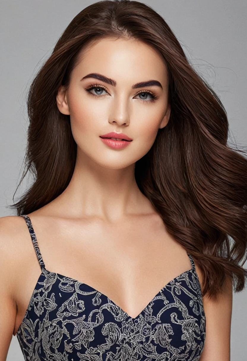 This virtual portrait of a 22-year-old German girl exudes youthful beauty with her flawless skin and soft, tiled skin tone. Her long, light brown hair cascading down her back accentuates her heart-shaped face and emphasizes her striking features. Her dark blue eyes sparkle with warmth and kindness, edged with thick, dark eyelashes that add depth and dimension. Her eyebrows are perfectly shaped, slightly arched and pointed, complemented by a small, pointed nose and full, pink lips. Large breasts, while the plumpness of her breasts is beautifully shaped. Flat stomach, smooth skin. Perfect figure. Black G-string panties, panties with intriguing details, plump thighs. She is so charming. Long-sleeved t-shirt with a high waist, black G-string panties.