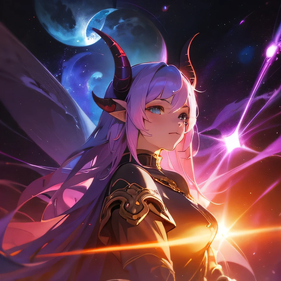 a girl with horns and horns in the space, cosmic tiefling d&d, fantasy art style, anime fantasy illustration, anime fantasy artwork, digital fantasy art ), epic fantasy art style, detailed fantasy digital art, epic fantasy art style hd, goddess of galaxies, artgerm and rossdraws, epic fantasy digital art style, tiefling, fantasy style art