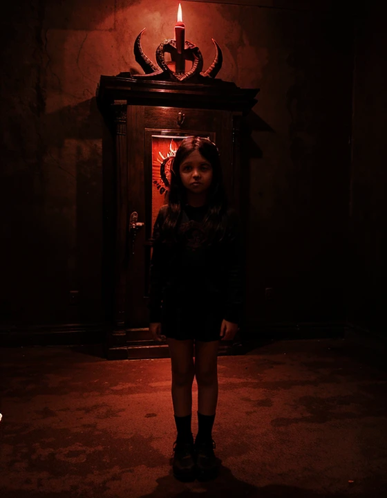 Full body view of a 4 year old girl in a satanic temple