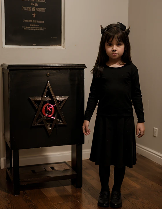 Full body view of a 4 girl in a satanic temple