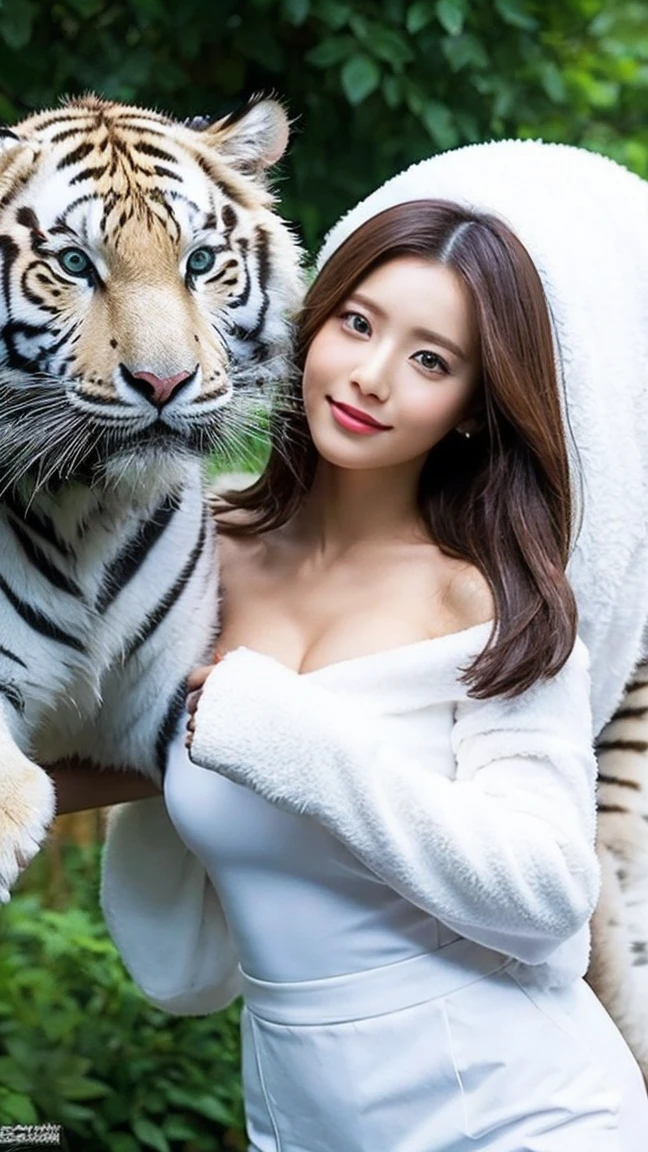 beautiful girl，Big Breasts，Zookeeper and White Tiger