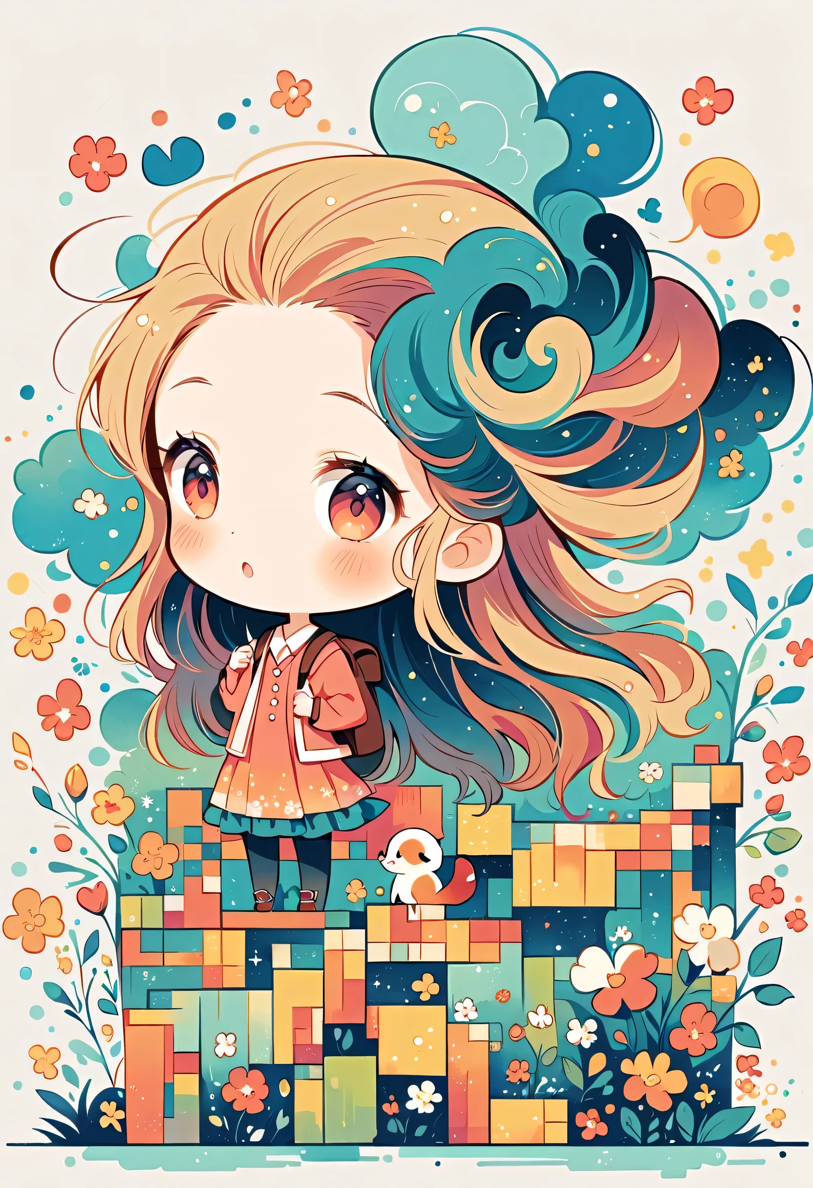Momoko Sakura style, Standing in front of a high wall,Girl with backpack on rooftop,My backpack is full of happy spring,Simple Line Initialism,Abstract art,Urban Background, (((The most beautiful girl))), (((chibi)))