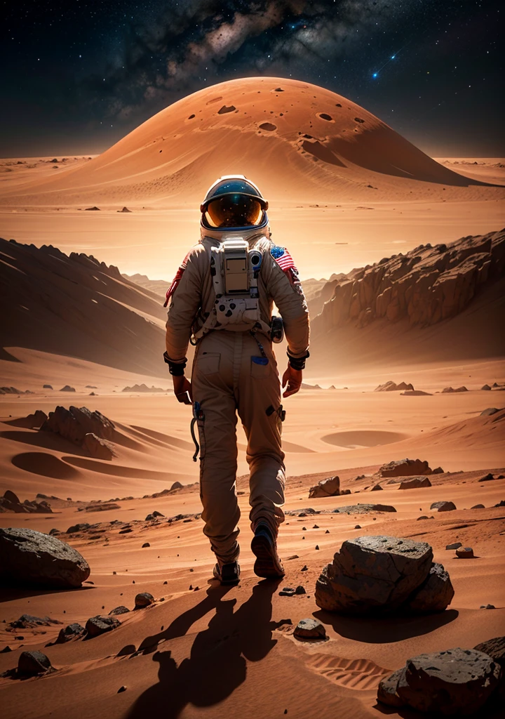 Create a painting of an astronaut on Mars at night, with a backdrop of towering mountains silhouetted against the starry sky. Include intricate details of rocks scattered across the Martian terrain, capturing the serene yet otherworldly beauty of the Red Planet.