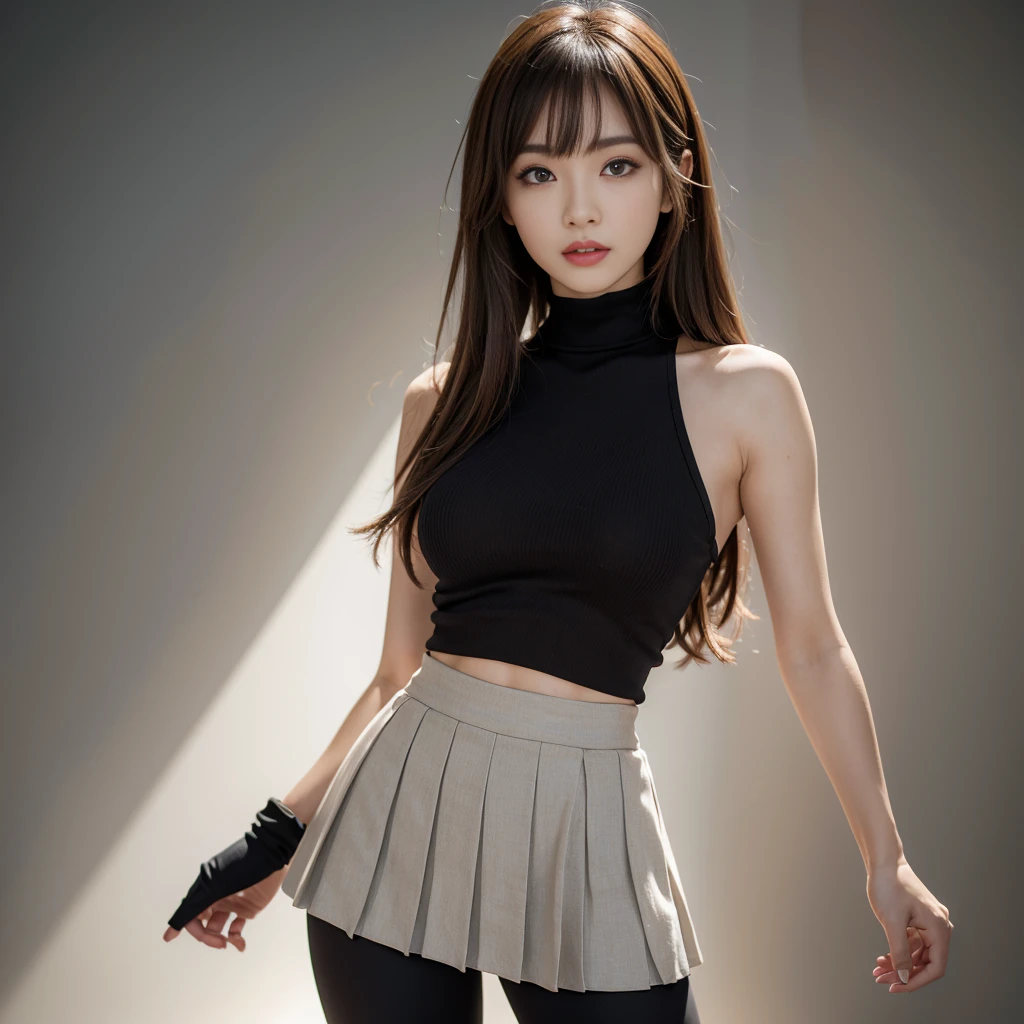 masterpiece, highest quality, Super detailed, 複雑に詳細なSuper detailed, Realistic, Sharp features, Very detailed, Sharp focus, Perfect Face, Perfect Face, Perfect symmetrical perfect eyes, Perfect Plump Lips, Flexible female form, Cinematic, Film Light, Super detailed, hyper Realistic, High resolution, Light brown hair, Asymmetrical Hair, Asymmetrical bangs, Messy Hair, Attractive pose, skinny Idol Sculpture, Idol Sculpture, Pleated skirt, close, (Wearing clothes:1.3), (Light background:1.2), Natural light, Black leggings, Roll up your skirt, Dynamic pose, 