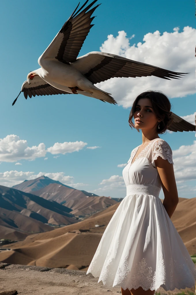 Una mujer pelo corto rojo oscuro y vestido blanco y con alas en el cielo