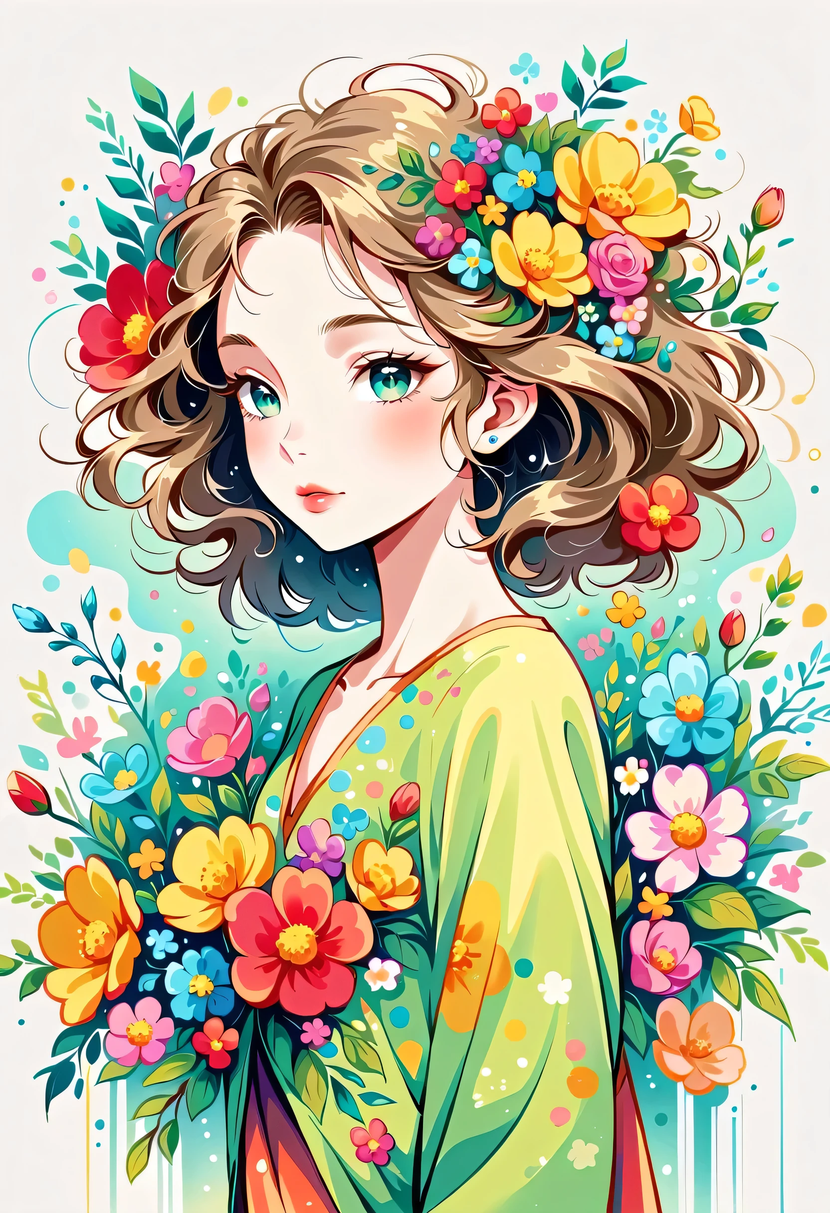 Yomu style, The most beautiful girl of all time,Lips in Love, colorful flowers, Simple Line Initialism,Abstract art,Urban Background