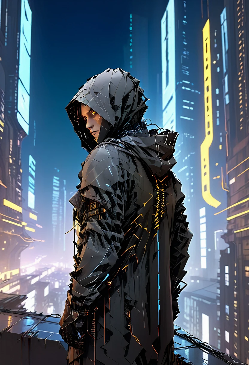 wide long shot, ((a man in a hooded futuristic suit with his back to the camera:1.5)), standing on a ledge, looking at a futuristic city at night, a dark cityscape with bright lights (best quality, 4k, 8k , high resolution, masterpiece: 1.2), ultra detailed (realistic, photorealistic, photorealistic: 1.37), cinematic lighting, dramatic shadows, moody atmosphere, intricate details, bright city lights, advanced technology, retro-futuristic architecture, dynamic pose, hood that casts shadows on the face, intense gaze