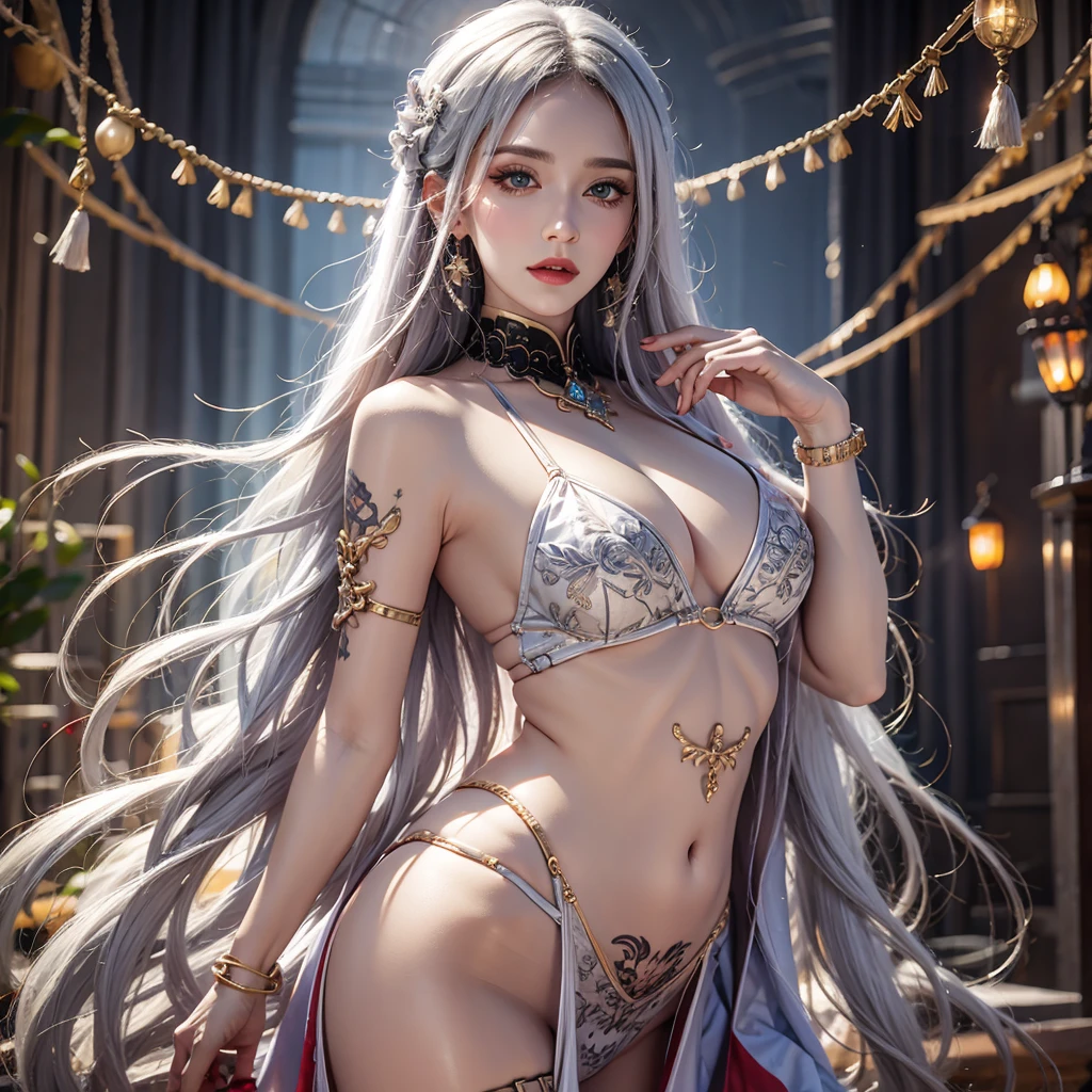 photorealistic, high resolution, 1women, mature female, solo, hips up, jewelry, tattoo, white hair, long hair, make up, red lips, queen dressphotorealistic, high resolution, 1women, mature female, solo, hips up, jewelry, tattoo, white hair, long hair, make up, red lips, queen dress