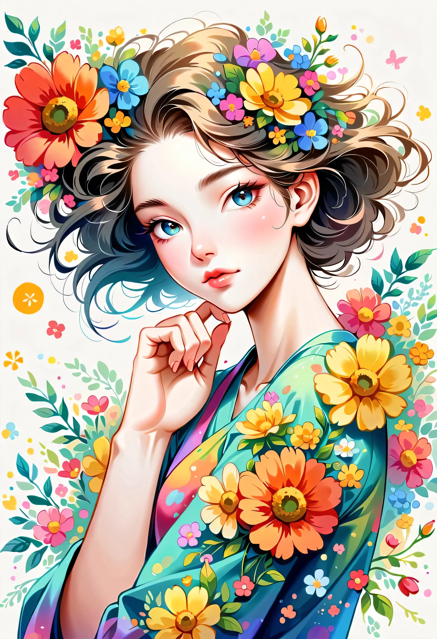Yomu style, The most beautiful girl of all time，Lips in Love, colorful flowers, Simple Line Initialism，Abstract art，Urban Background