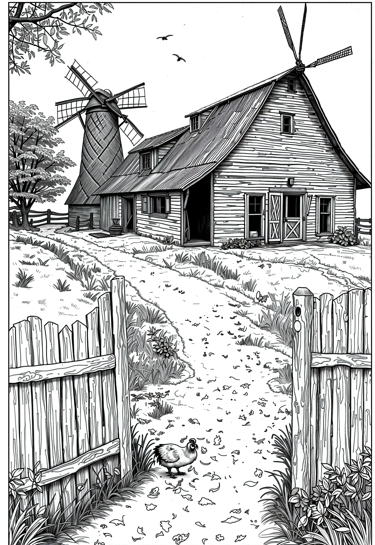 Book page coloring art, All-white background, Use only outlines, line art, coloring book, Clean line art, For coloring Simple and clean line art, coloring book page, perfect symmetric details, Rustic Barn: A classic barn with hay bales inside, a windmill in the background turning in the breeze, chickens pecking on the ground, and a rooster crowing on a fence post.

