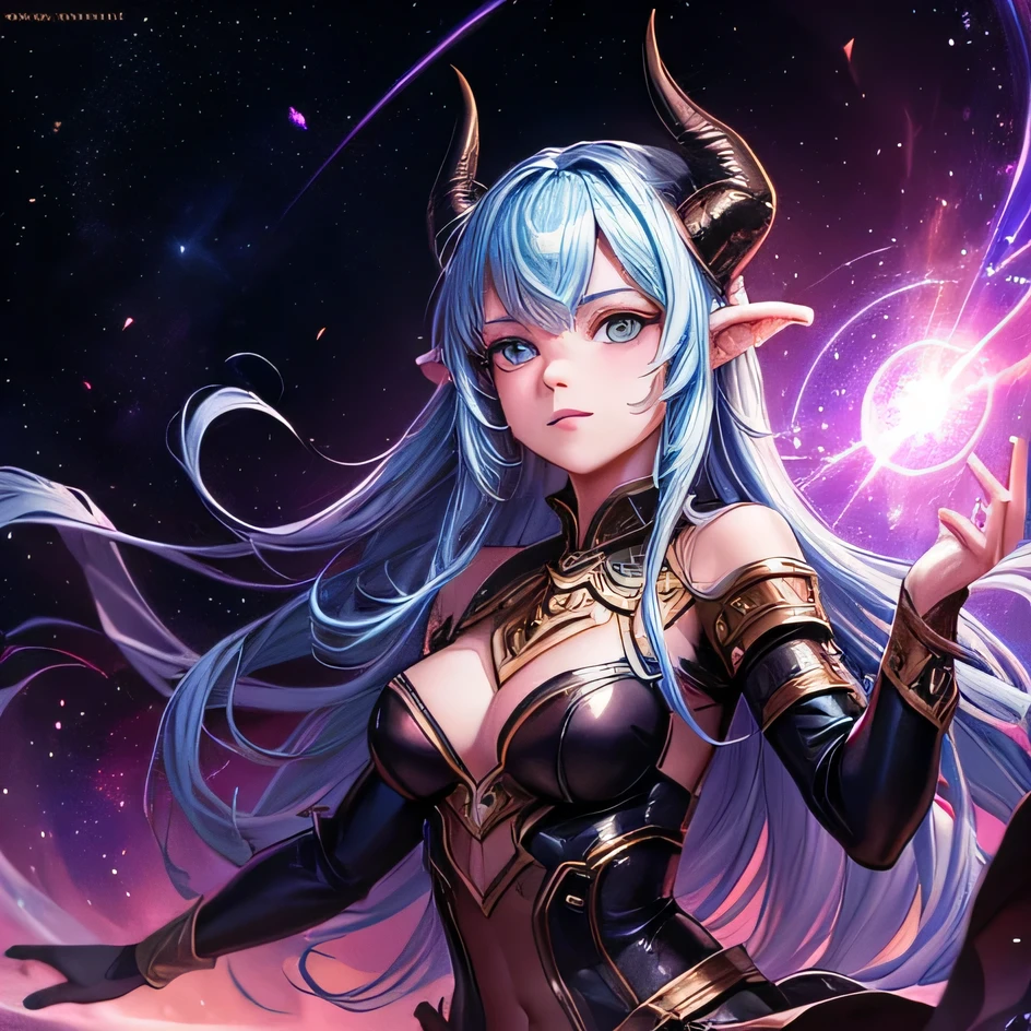 a girl with horns and horns in the space, cosmic tiefling d&d, fantasy art style, anime fantasy illustration, anime fantasy artwork, digital fantasy art ), epic fantasy art style, detailed fantasy digital art, epic fantasy art style hd, goddess of galaxies, artgerm and rossdraws, epic fantasy digital art style, tiefling, fantasy style art