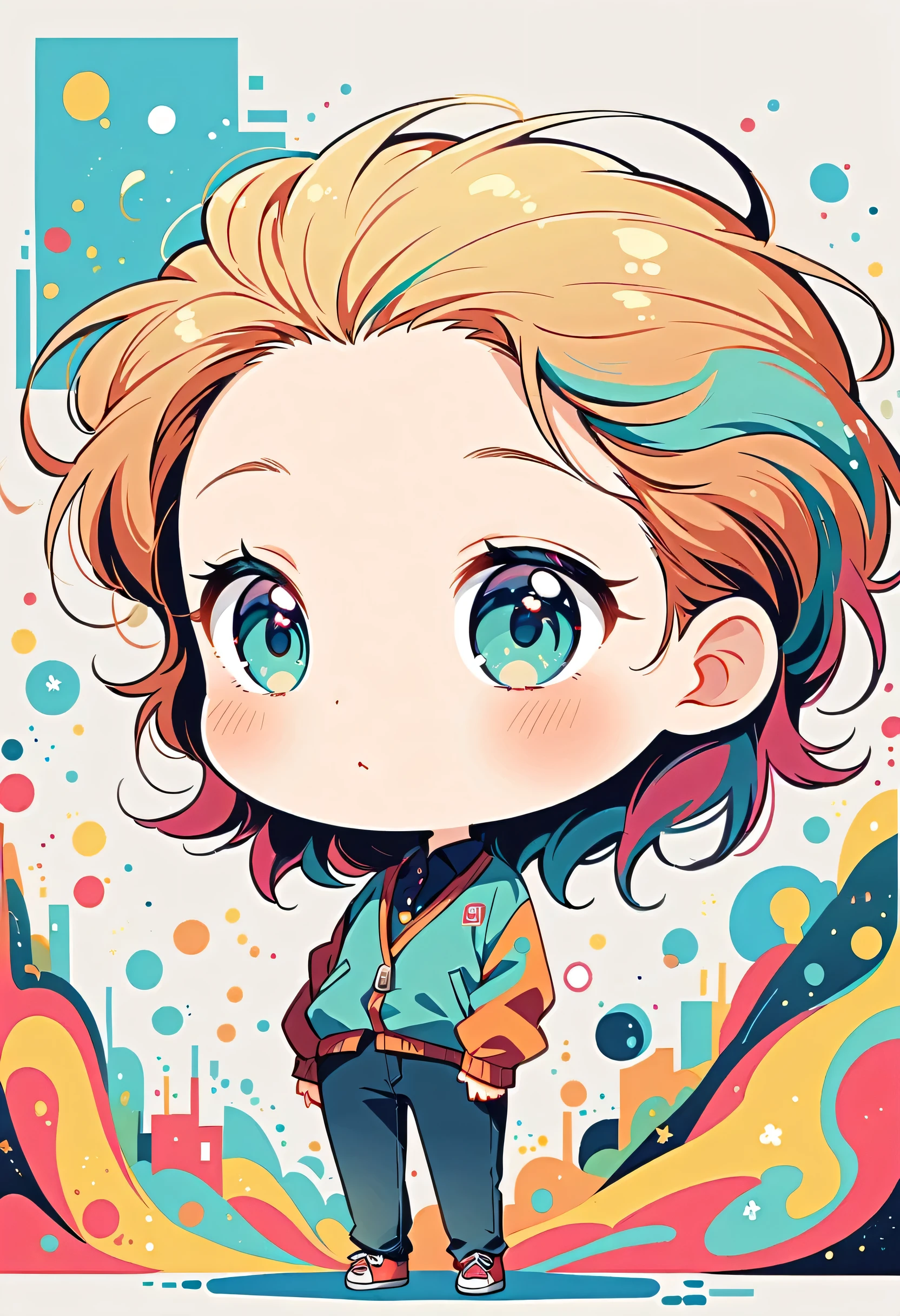 Watase Seizo style, Standing in front of a high wall,Simple Line Initialism,Abstract art,Urban Background, (((The most beautiful girl))), (((chibi)))