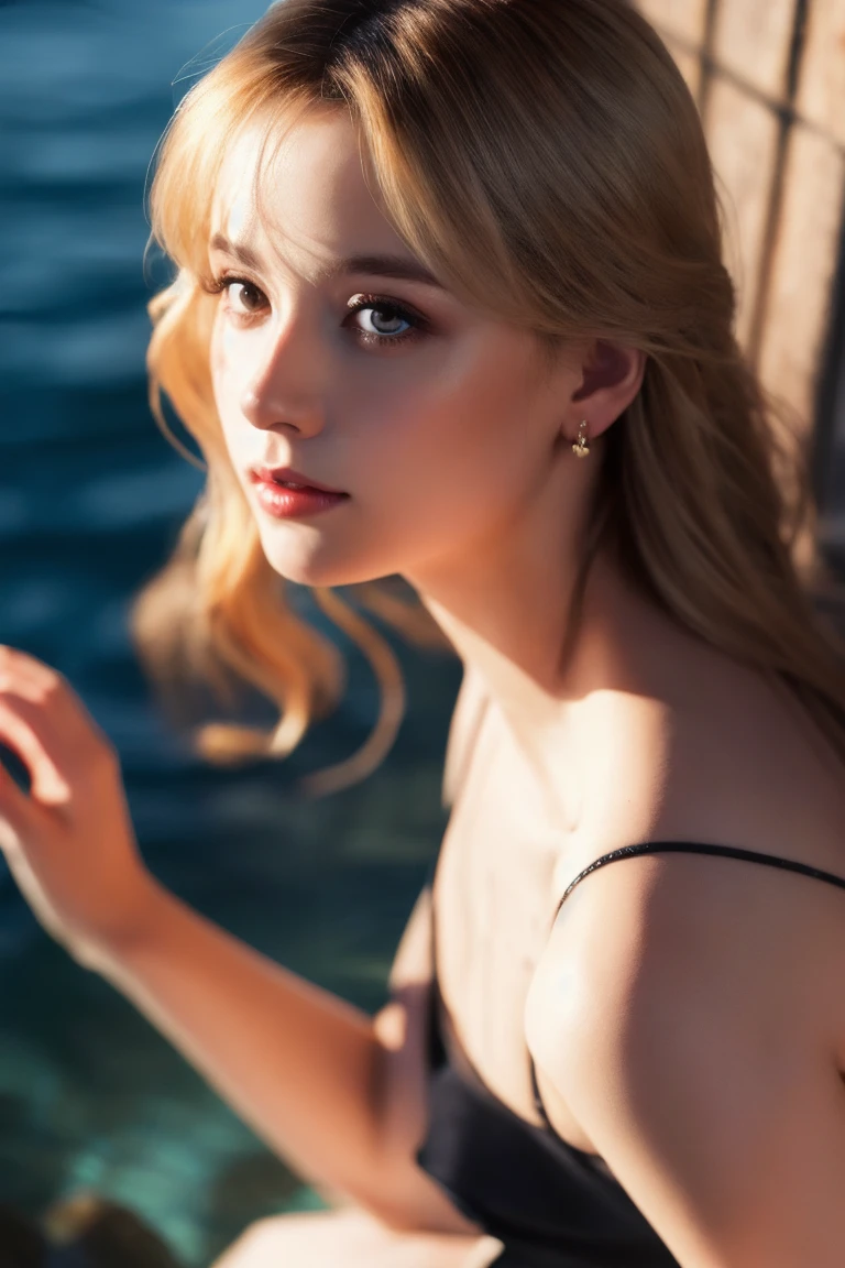 masterpiece, best quality, Super detailed, illustration, Beautiful details, Depth of Field, Dynamic angle, 8K wallpaper, portrait, Best light and shadow quality, 4k, 8K, CG, Fine details, Blurred background, Upper Body, contemporary, skirt, Blonde, long hair, beautiful eyes, Beautiful water splash
