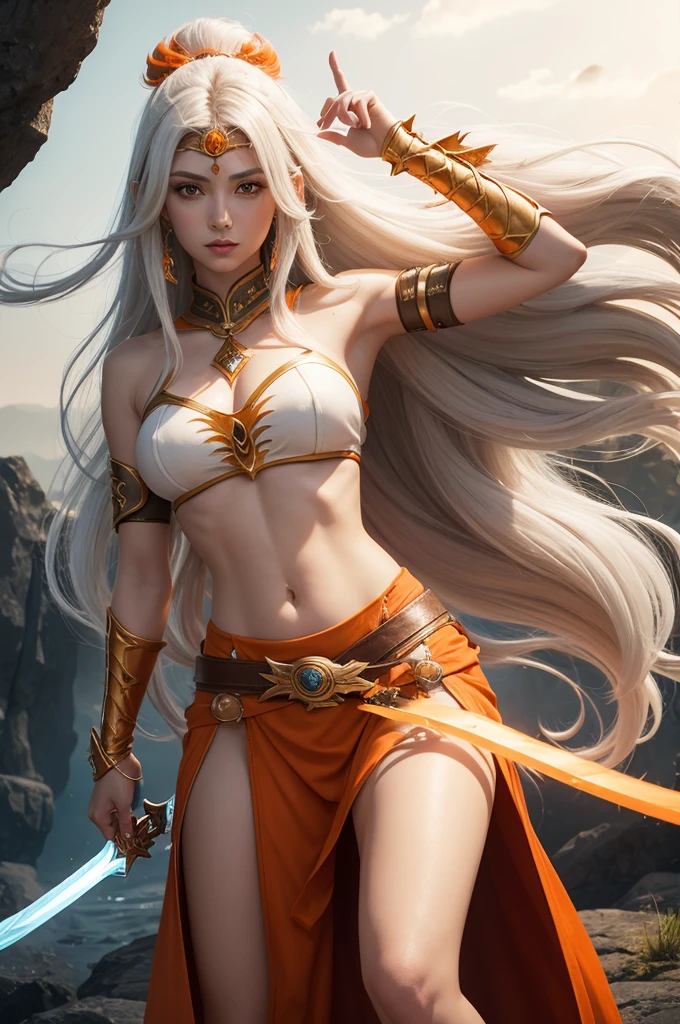 Make me a warrior princess with an aura greatsword, She has long, curly hair with a white streak, the predominant color is orange.