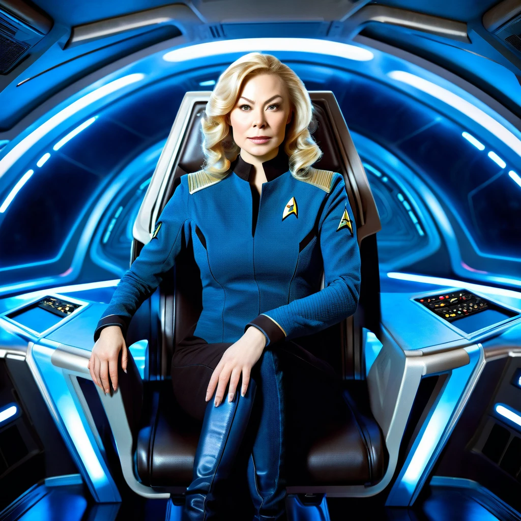 photorealistic woman, age 30, nordic, blond wavy hair, athletic, dressed as star trek captain, sit in command chair in a spaceship,raw photo, cinematic material,high detailed, masterpiece