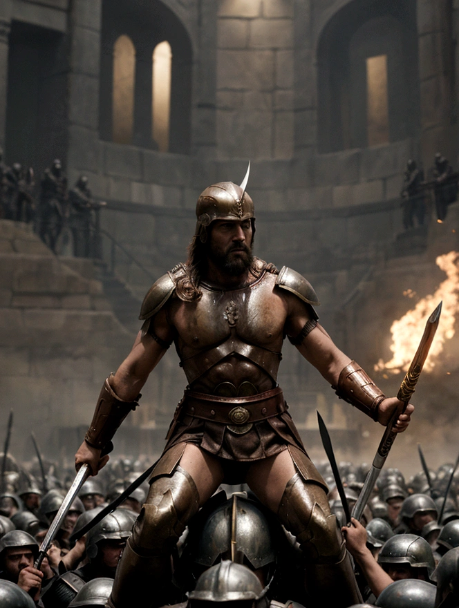 Movie poster, 300 of Spartan, showing the King Leonidas guiding his army into the battle, cinematic