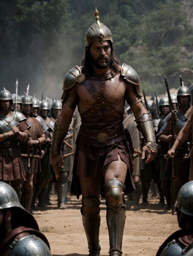 Movie poster, 300 of Spartan, showing the King Leonidas guiding his army into the battle, cinematic