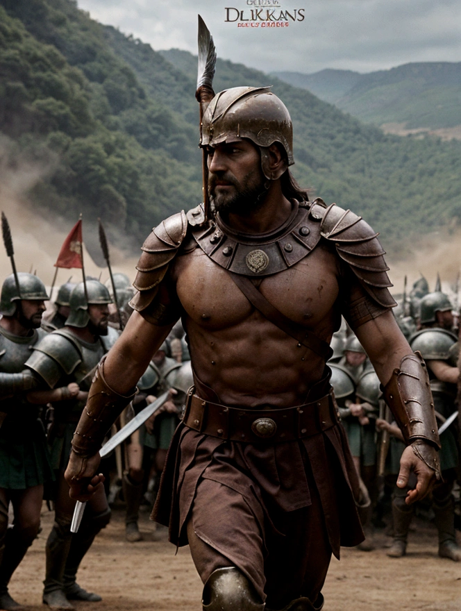 Movie poster, 300 of Spartan, showing the King Leonidas guiding his army into the battle, cinematic