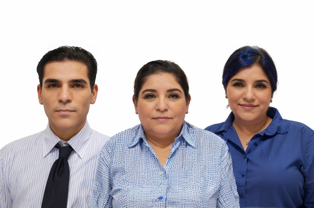 Hay tres personas juntas en una imagen., una dama de blusa azul con el cabello recogido, y dos varones a su costado